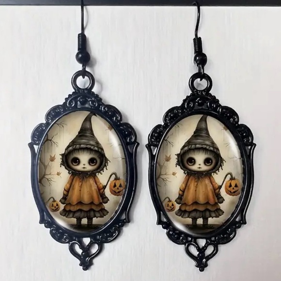 Jewelry - Scarecrow Girl Cameo Pumpkin Jack-o’-lantern Fall Autumn Halloween Gothic Dangle